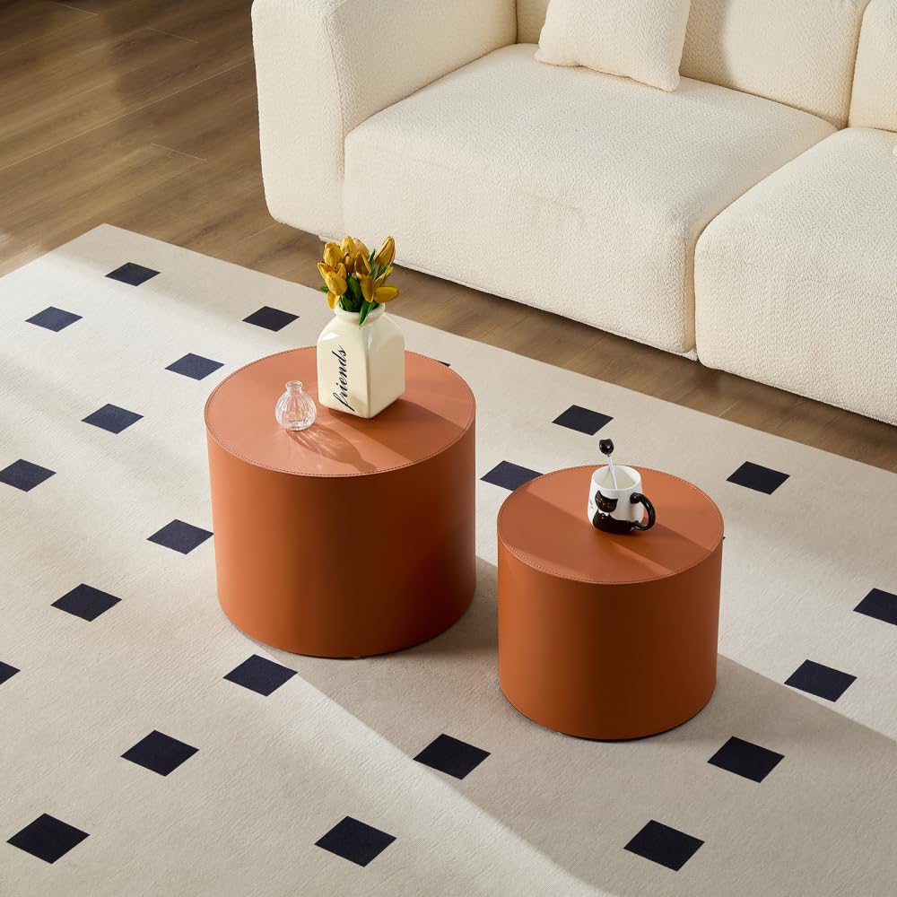 Nested Table Set 2 Pieces, MDF Coffee Table Set Living Room/Lounge Area (Orange + MDF + Round)