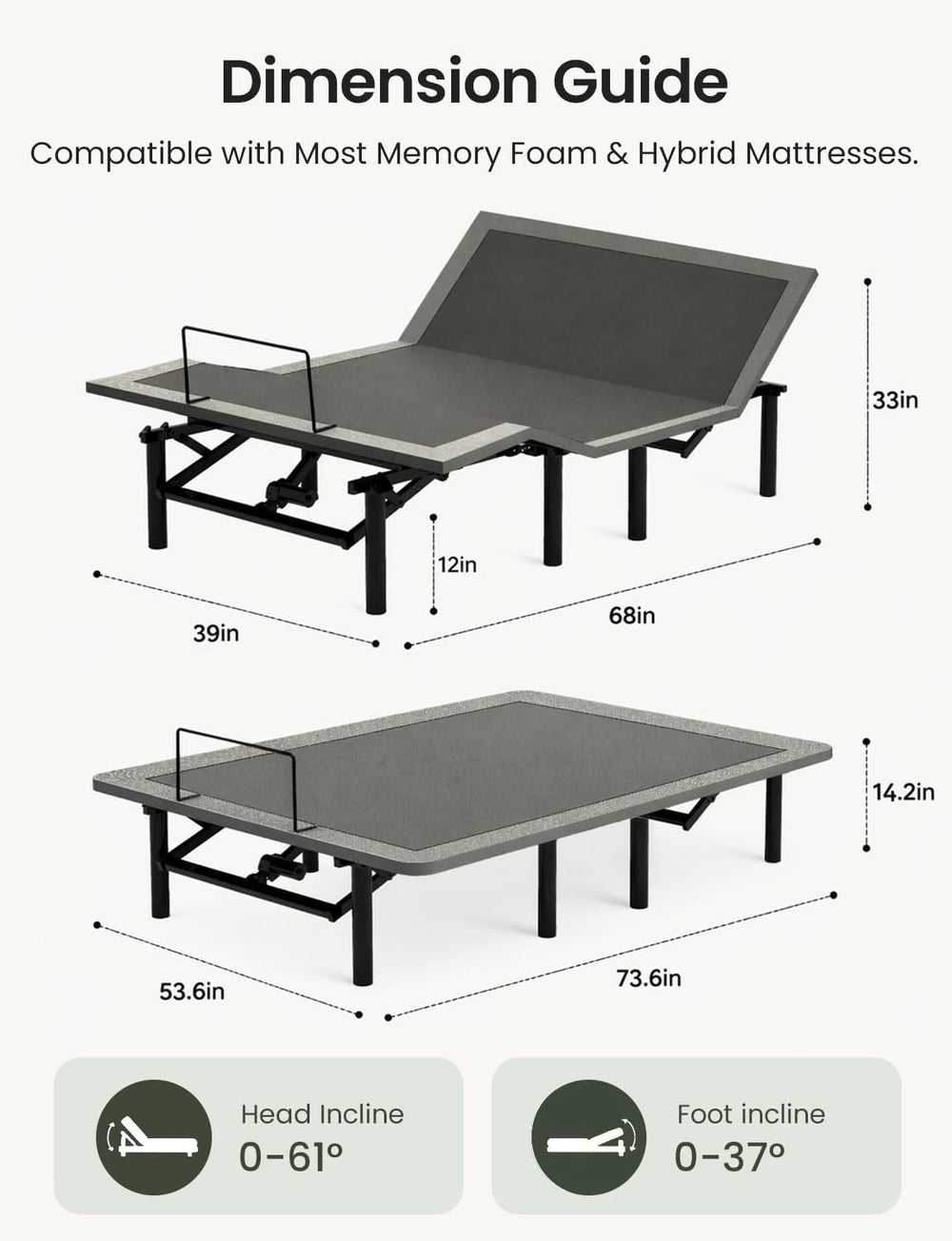 Full Size Adjustable Bed Frame with Remote & USB Ports, Zero Gravity
