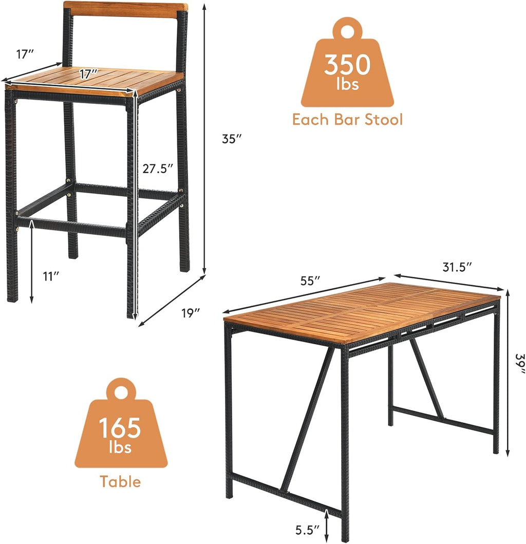 Tangkula 7-Piece Acacia Wood Bar Set with Patiojoy Outdoor Rattan High-Dining 6 Bar Stools and 1 Rectangular Table with Umbrella Hole - Outdoor Conversation Set for Patio, Backyard, Garden