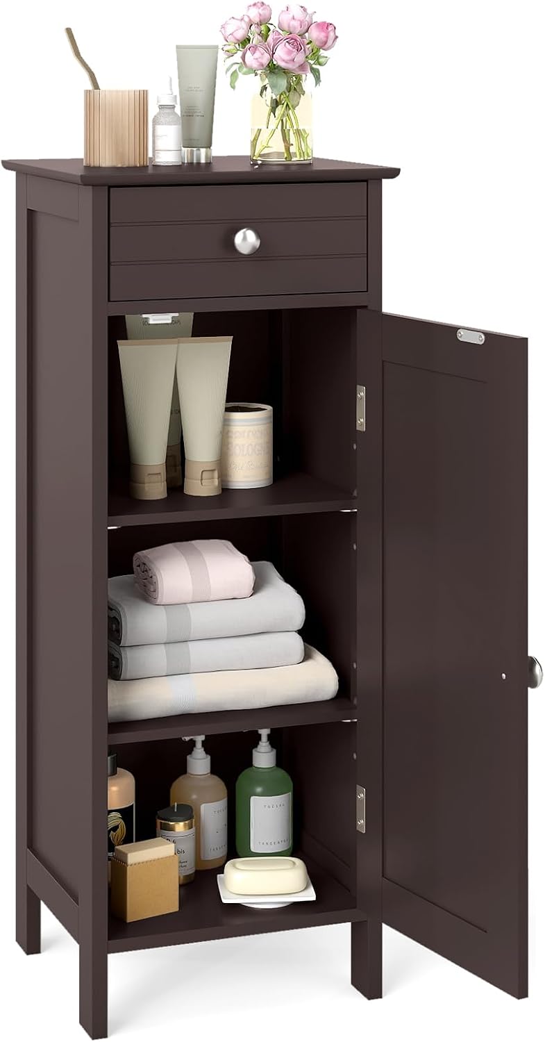GLACER Bathroom Storage Cabinet, Single Door Narrow Floor Cabinet (Brown)
