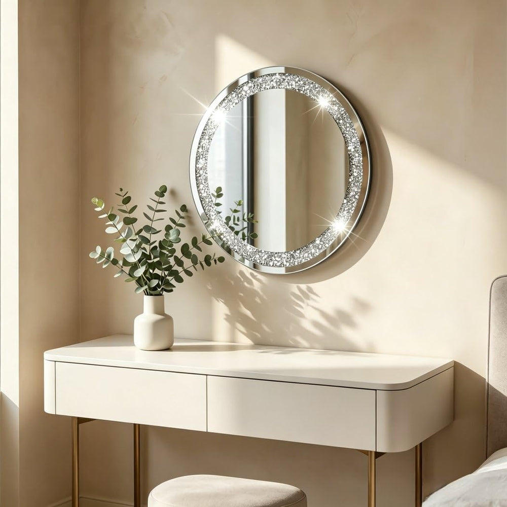 Crystal Crush Diamond Sparkly Round Silver Mirror for Wall Decoration 20x20x1...