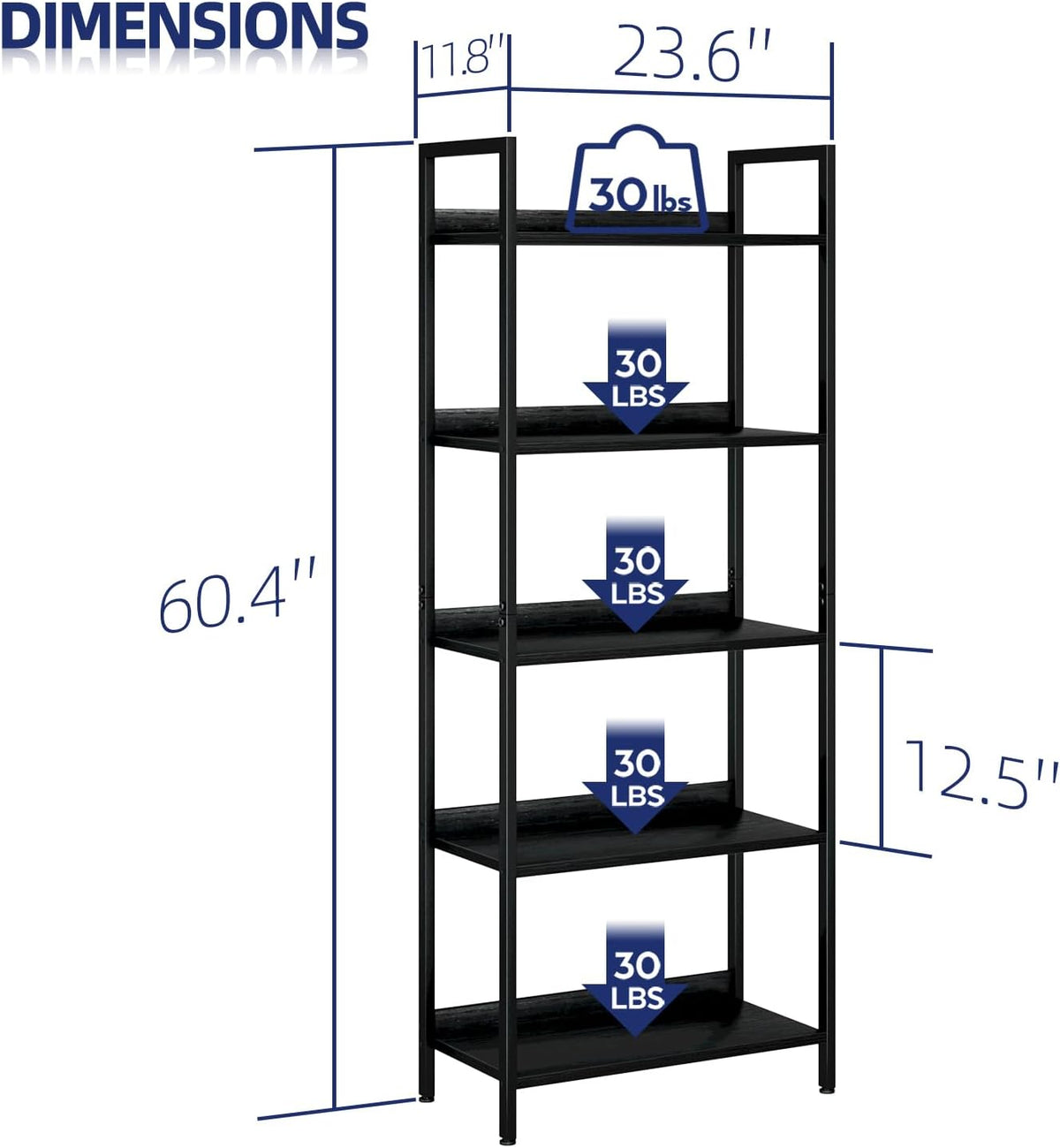 numenn bookshelf, 5 tier freestanding shelving unit, black, close-up detail