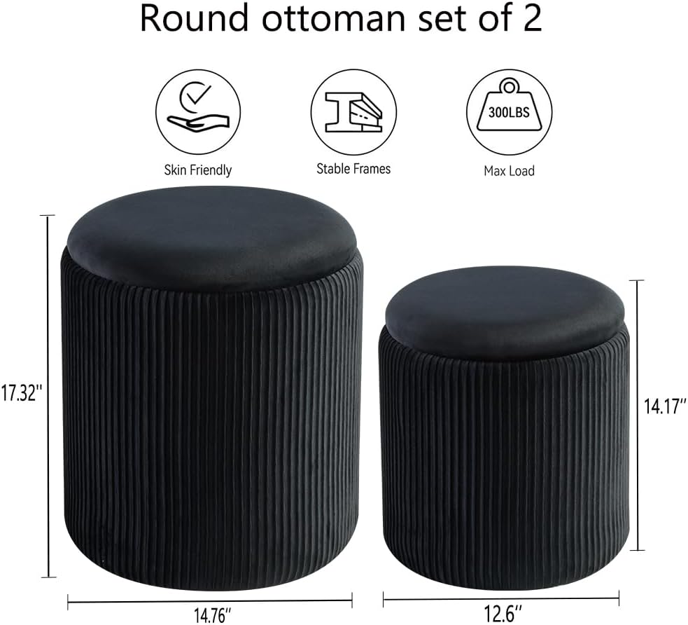 BLEXA Round Storage Ottoman, Set of 2, Velvet Vanity Stool, Black