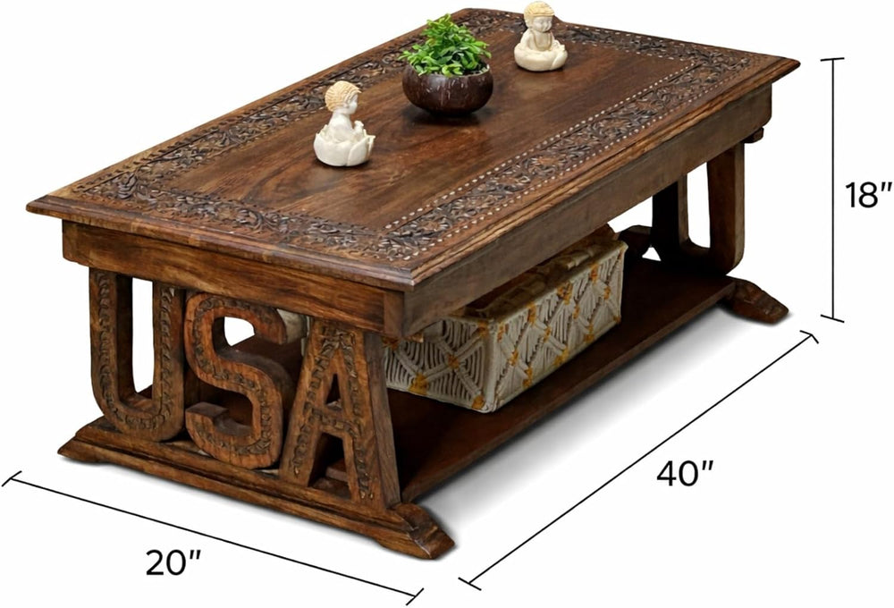 Coffee Table in Solid Wood With Hand Carving 40x20x18"_Burnt Rectangular