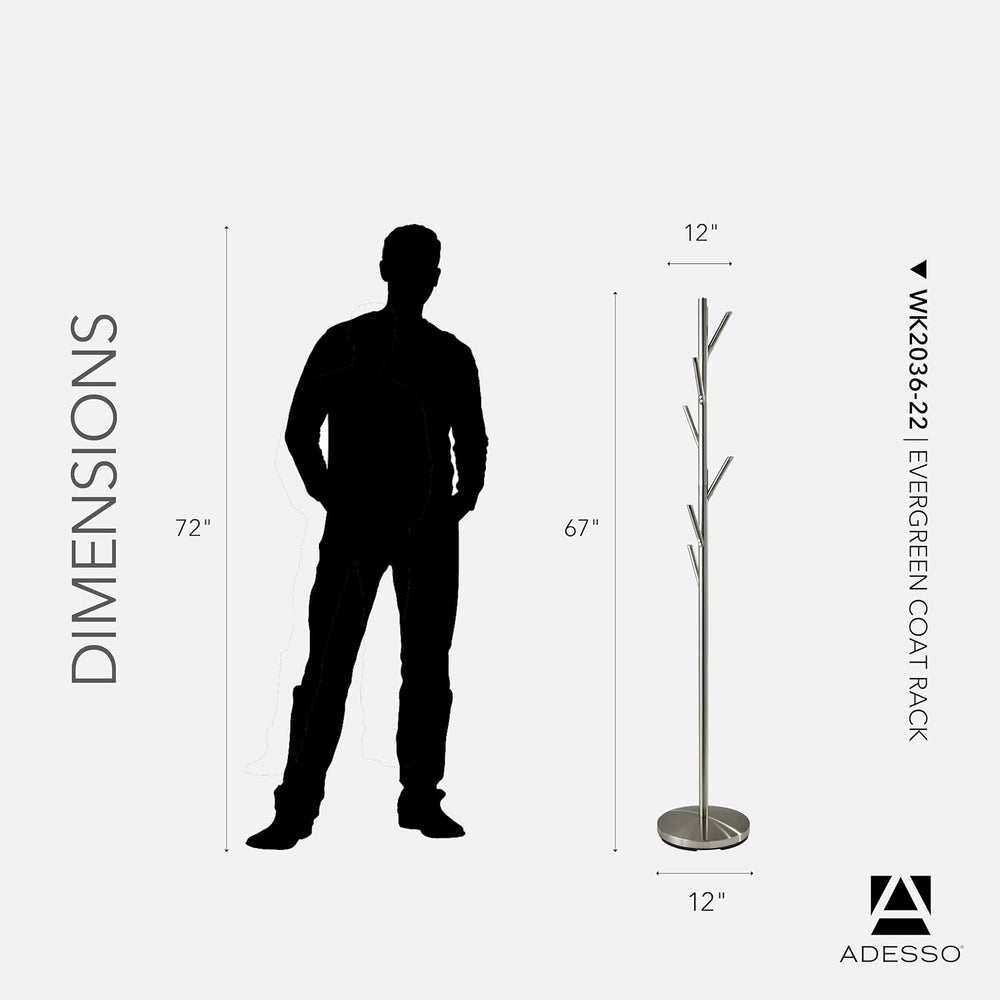 Adesso Coat Rack, Brushed Steel, 6 Hooks, Space-Saving, 67"