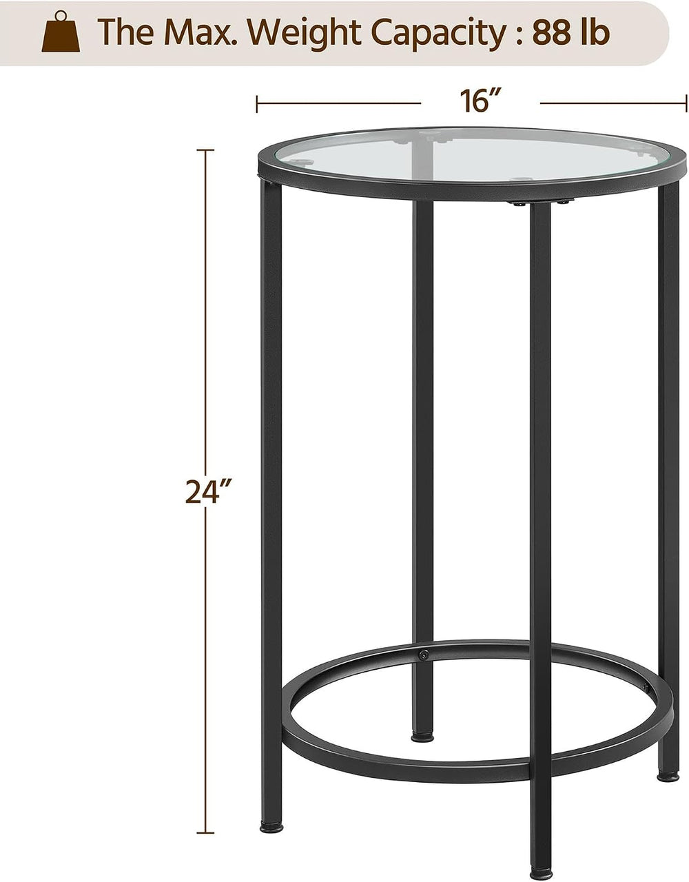 Yaheetech 16'' Round Glass End Tables Set of 2, Black Metal Open-Fram...