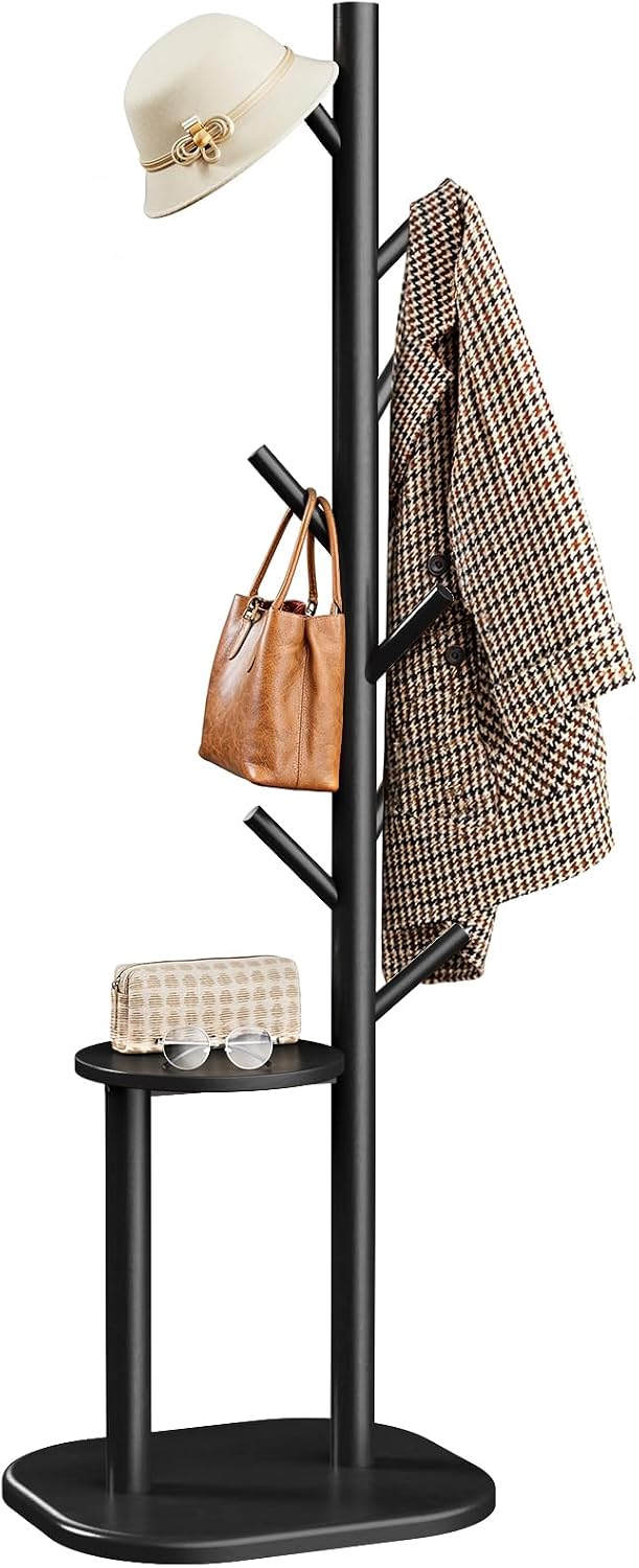 Pipishell Solid Wood Freestanding Coat Rack with 8 Hooks & Shelves, Black