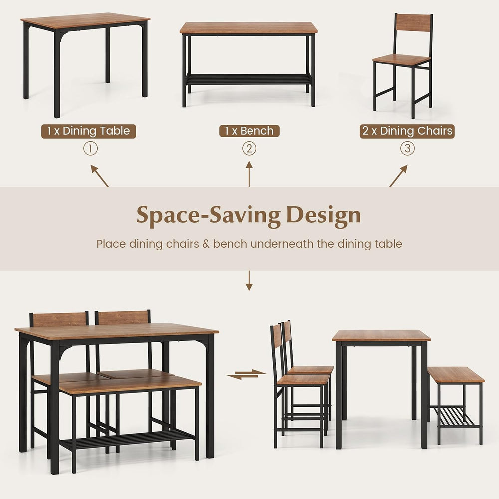 COSTWAY Dining Table Set for 4 w/Bench & 2 Chairs, Storage Racks, Brown