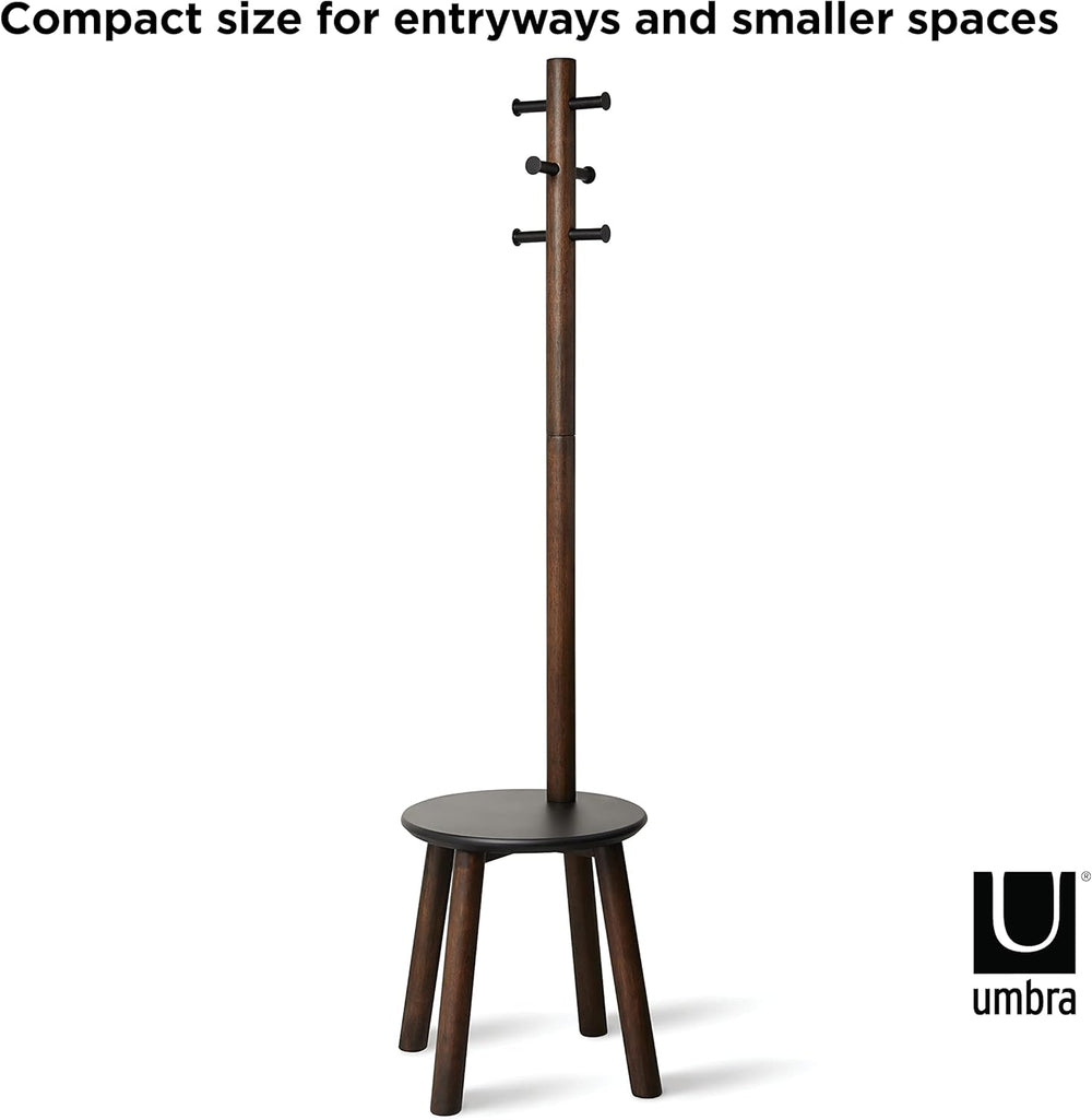 Umbra Pillar Coat Rack with Stool, Freestanding 6 Hooks, Black/Walnut