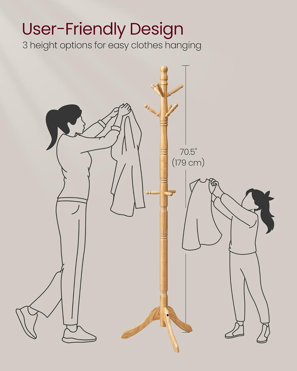 VASAGLE Freestanding Coat Rack, Rubber Wood Coat Tree with 9 Hooks
