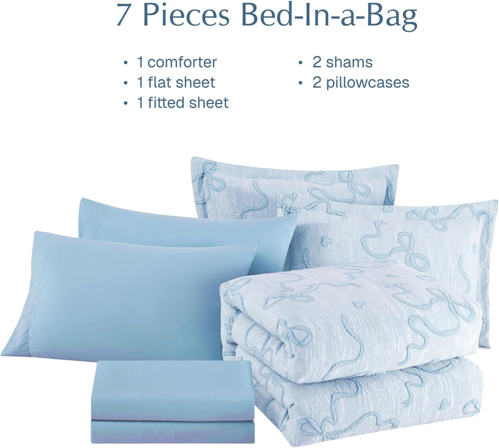 Full Size Comforter Sets for Girls - 7 Pieces Bow Bedding Set Bed in a Bag