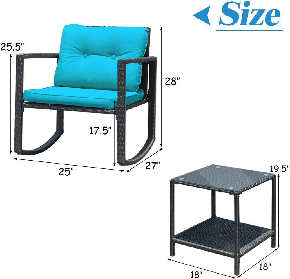 Tangkula 3-Piece Patio Rocking Bistro Set with Soft Cushions, Turquoise