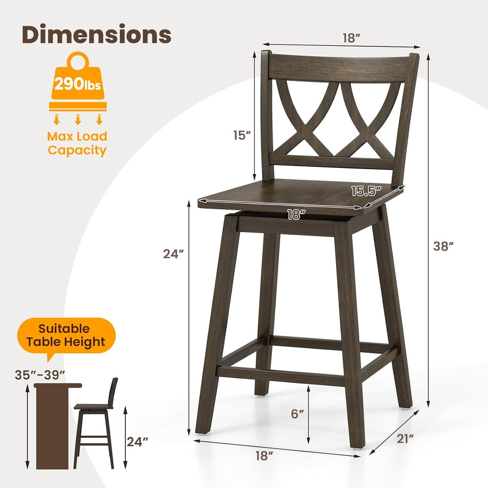 GIANTEX 24" Bar Stools Set of 2, Swivel Wooden Bar Chairs with Rubber Wo...