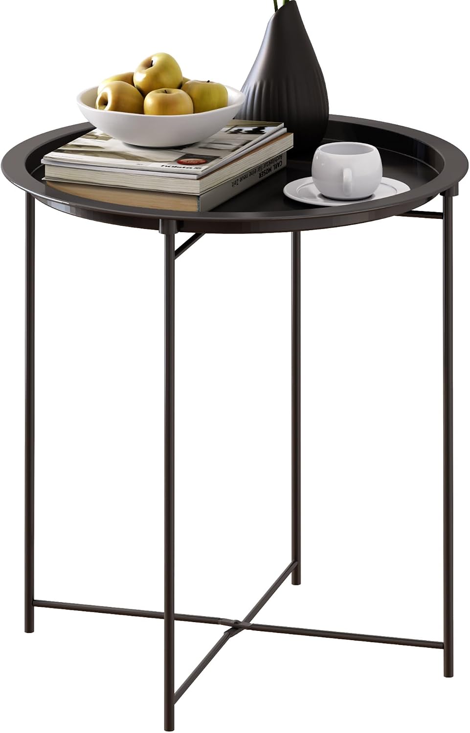 End Table Set of 2,Outdoor Side Table, Small Patio Round Folding Metal Black ...