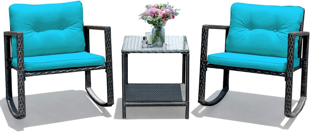 Tangkula 3-Piece Patio Rocking Bistro Set with Soft Cushions, Turquoise