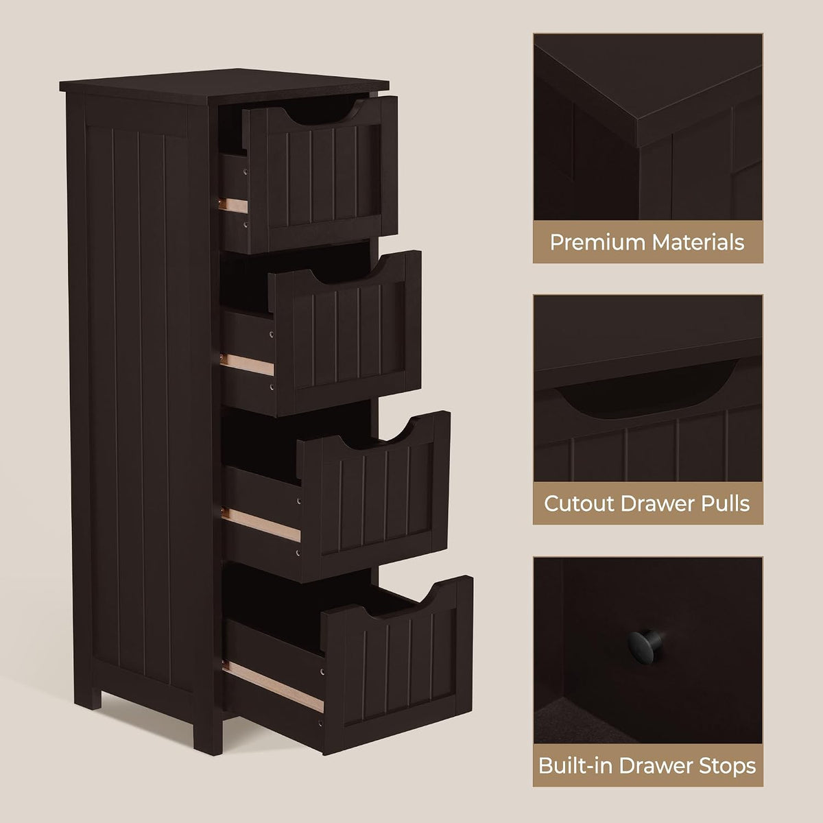 Yaheetech Bathroom Storage Cabinet, 12" W Slim 4-Drawer Design, Espresso