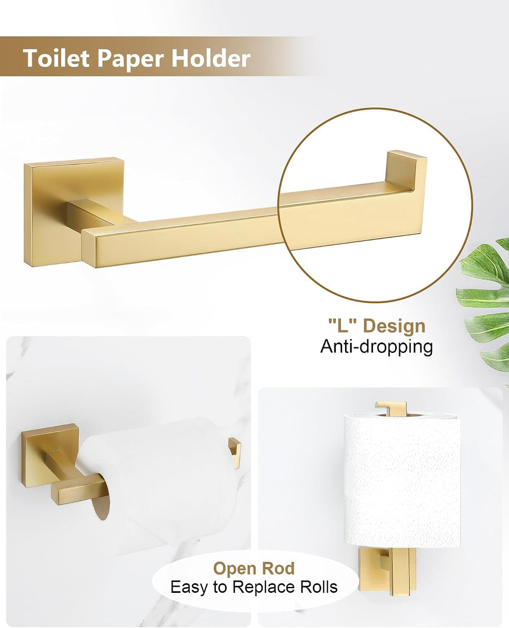 Brushed Gold Bathroom Accessories, Toilet Paper Holder, Towel Ring & Hooks