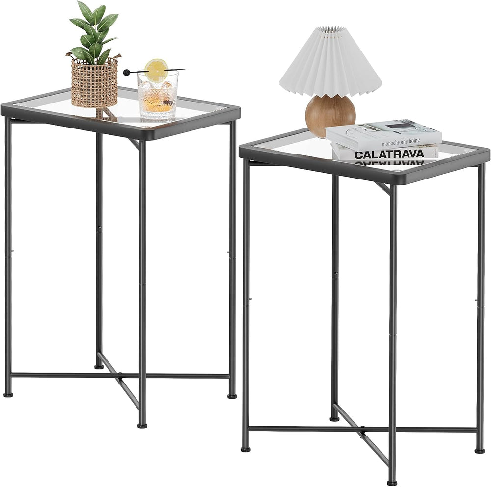 Garden 4 you Small Side Table, Glass End Table Set of 2, Black Outdoor Side T...