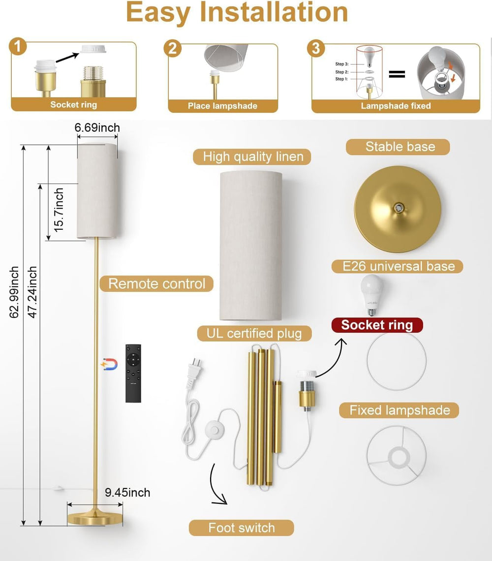 USTO Dimmable Floor Standing Tall Lamp,12W Led Bulb with Remote,Gold