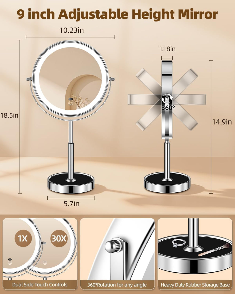 9" Lighted Makeup Mirror with Light,30X Magnifying Height Adjustable Mirror