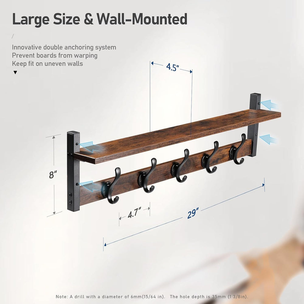 Tatub 29" Rustic Coat Rack Wall Mount with Shelf, Entryway Wall Hooks wi...