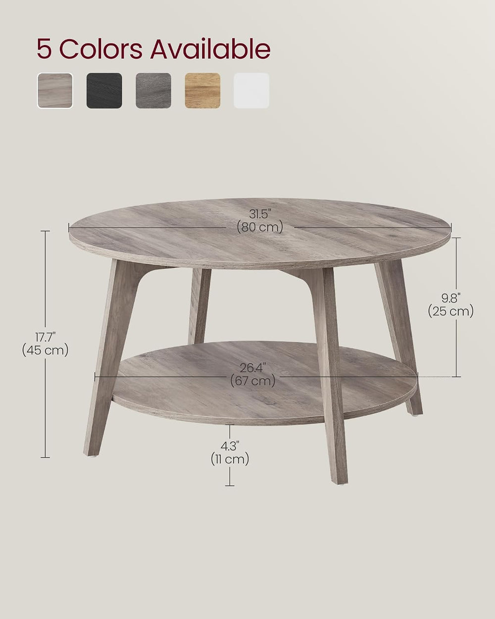 VASAGLE Round Coffee Table, 2-Tier Center Table with Storage, Tapered Legs