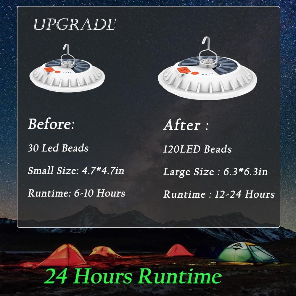 [2 Pack 120 LED ] Solar Camping Tent Lights Rechargeable Portable Lantern