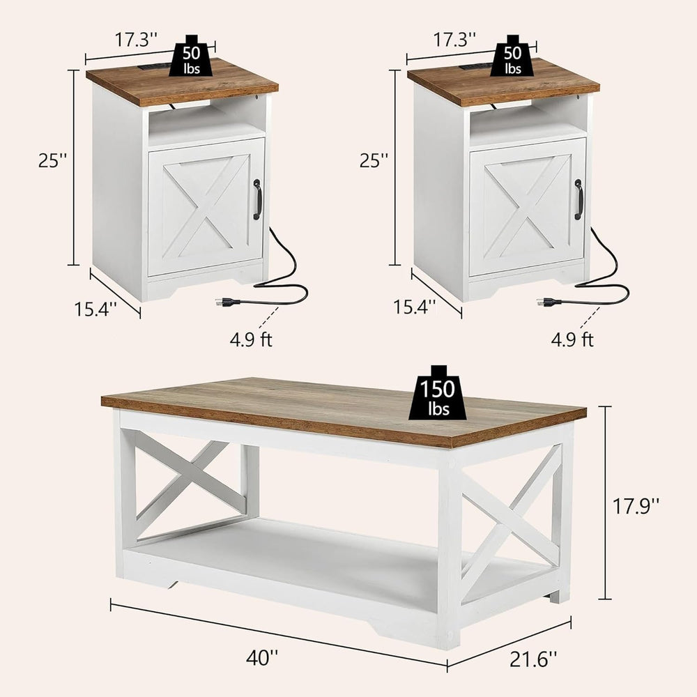 LUXOAK 3 Piece Living Room Table Set with Barn Door, Distressed White