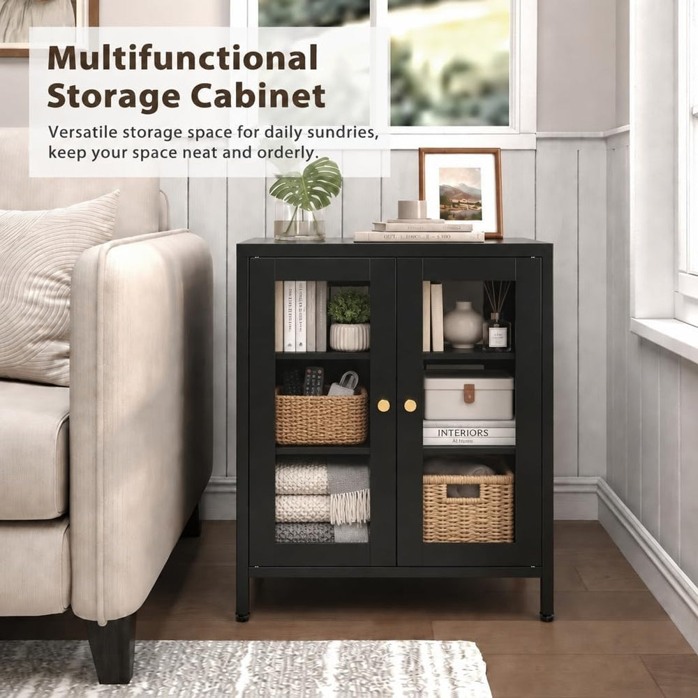 Black Metal Bathroom Glass Storage Cabinet, 2 Doors