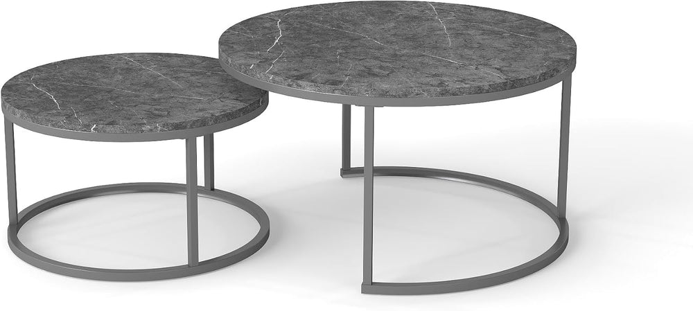 Nesting Coffee Table Set of 2, 31.5" Round Coffee Table Wooden Marble Pa...