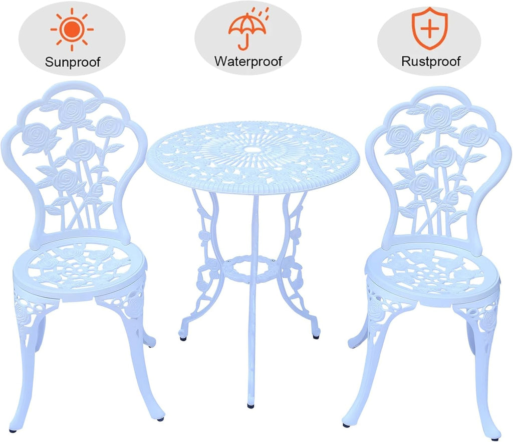 3-Piece Cast Aluminum Outdoor Bistro Set, Outdoor Table and Chairs Set of 2 with Umbrella Hole for Patio Garden Park(White, Rose)