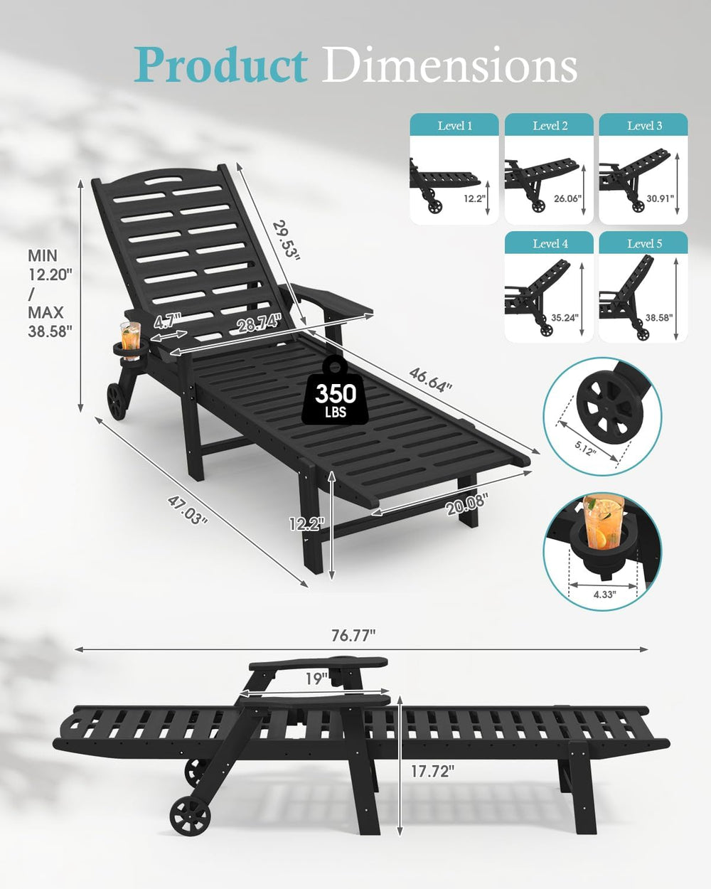 Ciokea Outdoor Chaise Lounge Chair, 5-Position Adjustable, Black