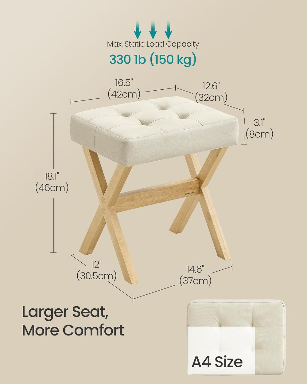 SONGMICS Makeup Stool, Padded Vanity Foot Rest, Solid Wood X Legs