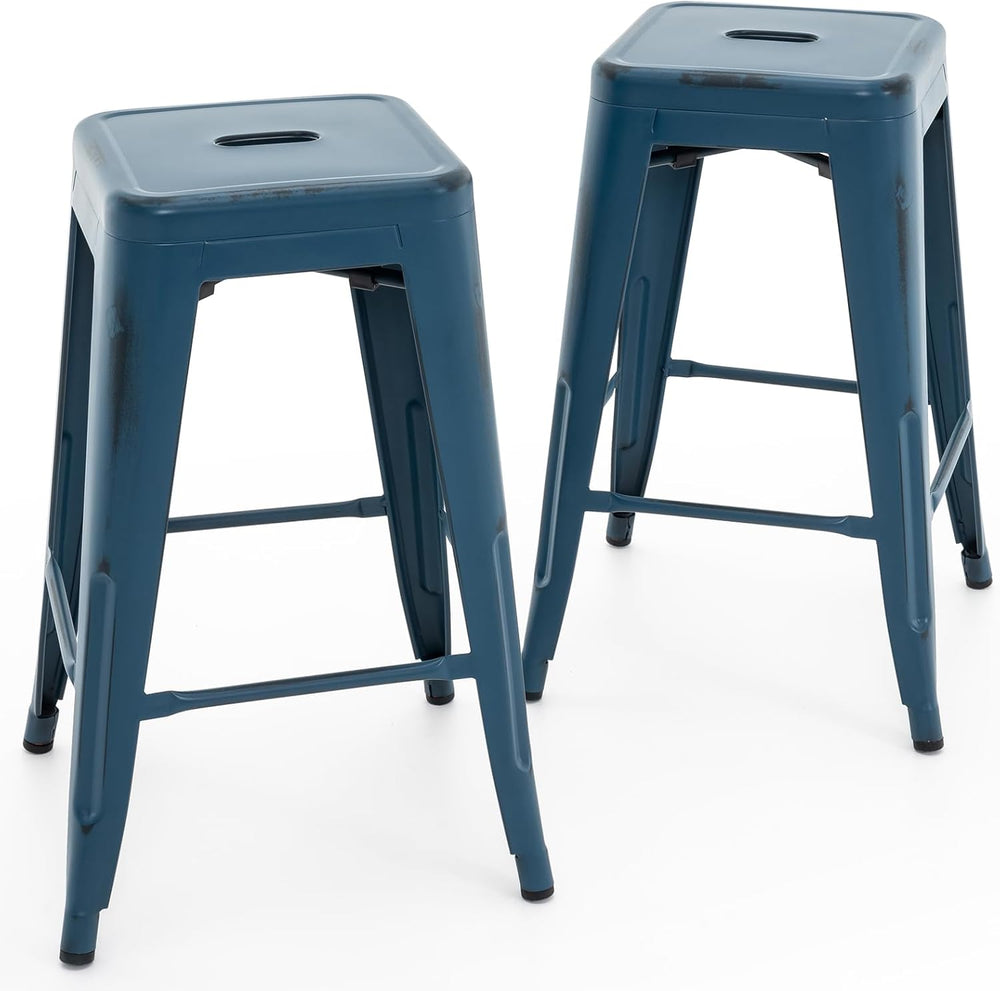 24 Inch Metal Bar Stools Set of 2, Stackable Indoor Outdoor Distressed Blue
