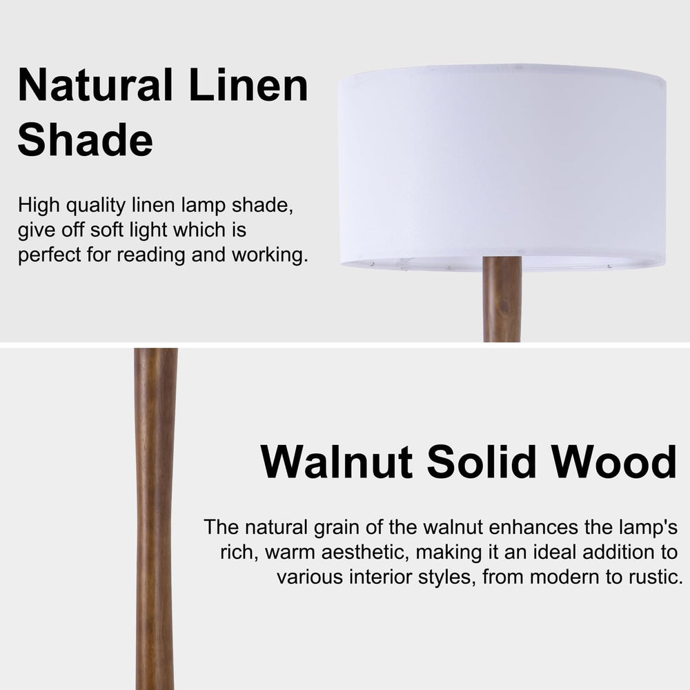 62" Tall Rustic Walnut Wood Floor Lamp with Large Linen Shade, White