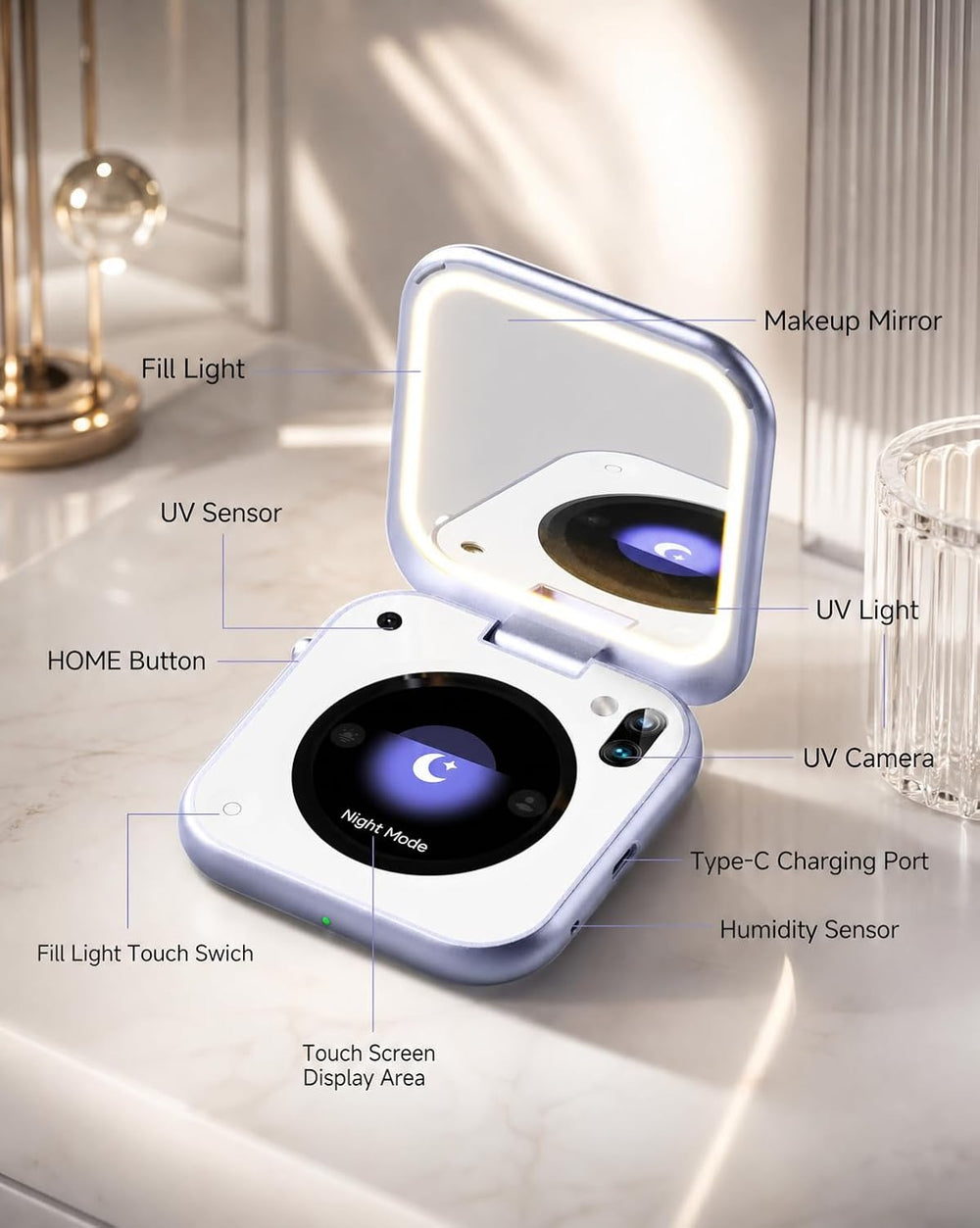 inewme UV Camera Makeup Mirror, LED Compact Mirror for Sunscreen Check