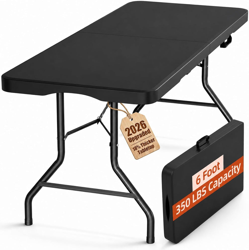 Fenbeli Folding Table 6FT, Upgraded 18% Thickened HDPE Top, 350 LBS, Black