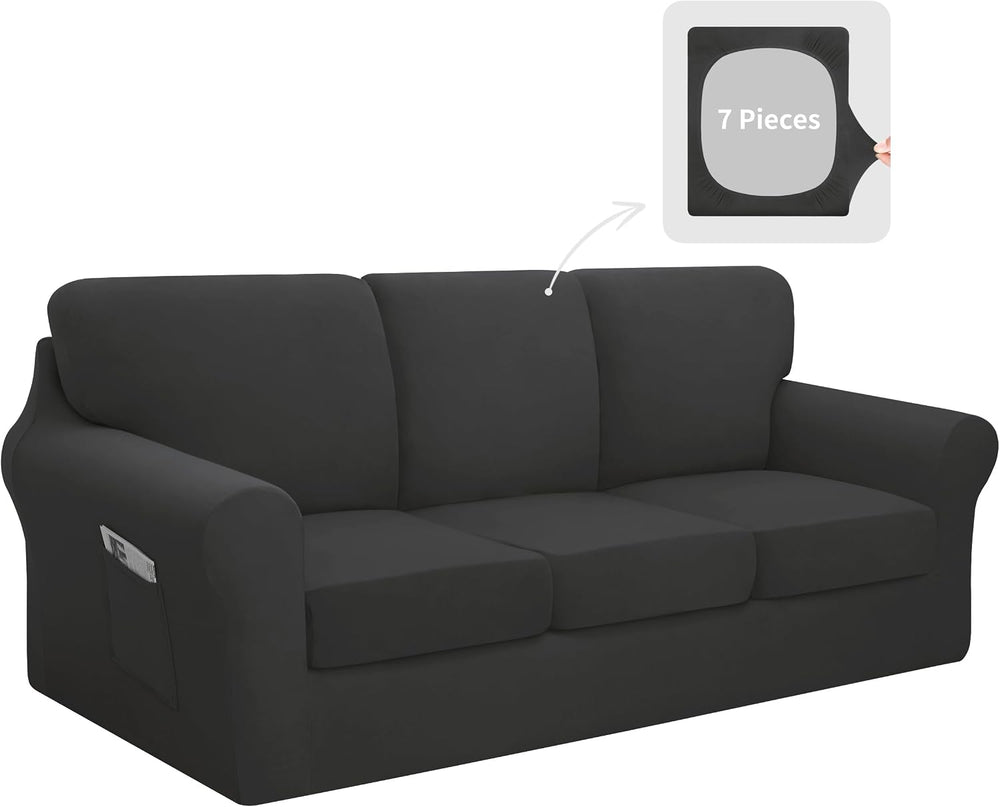 Easy-Going 7 Pieces Stretch Sofa Couch Cover, Large, Dark Grey