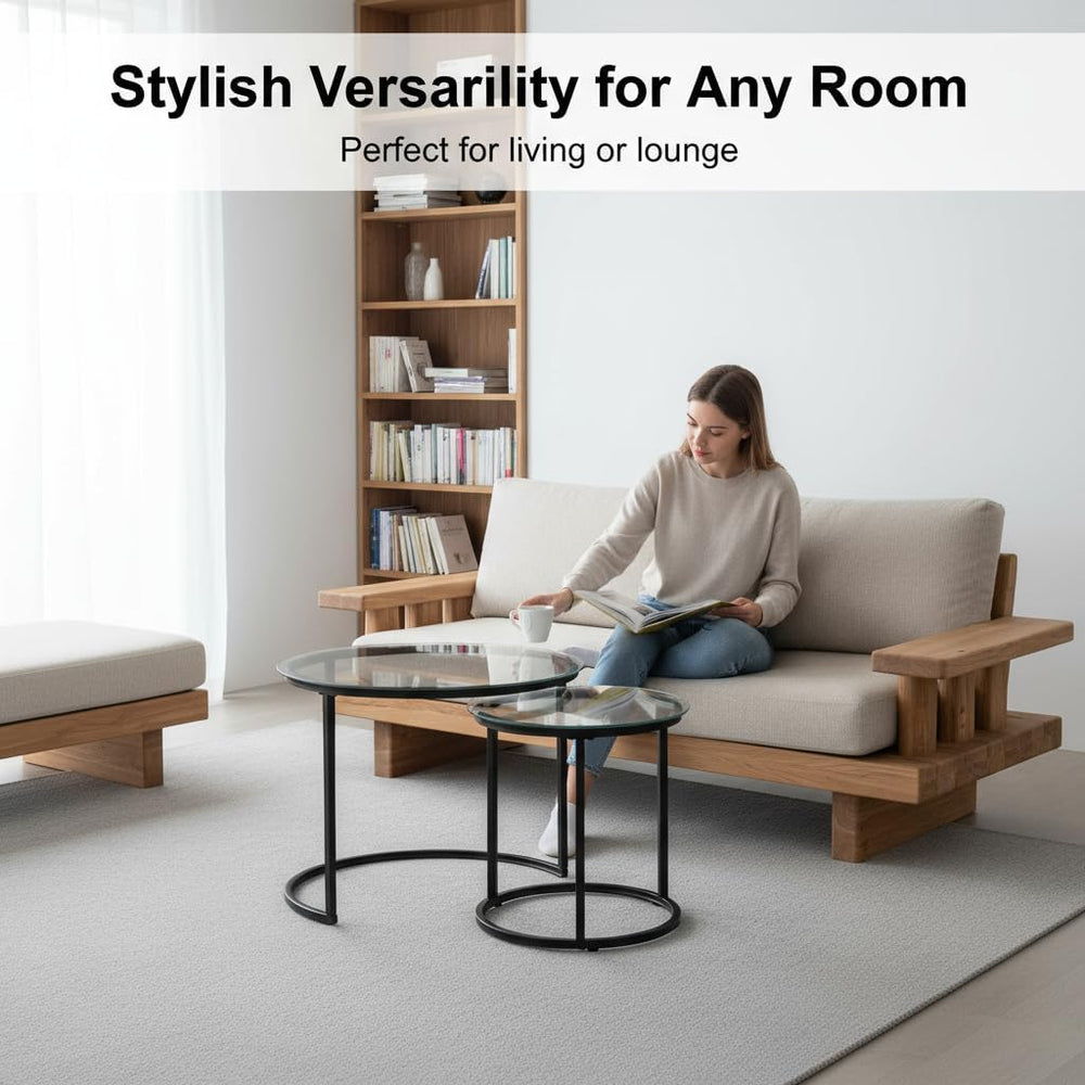 Round Nesting Coffee Table Set of 2, Glass Stacking Minimalist End Table