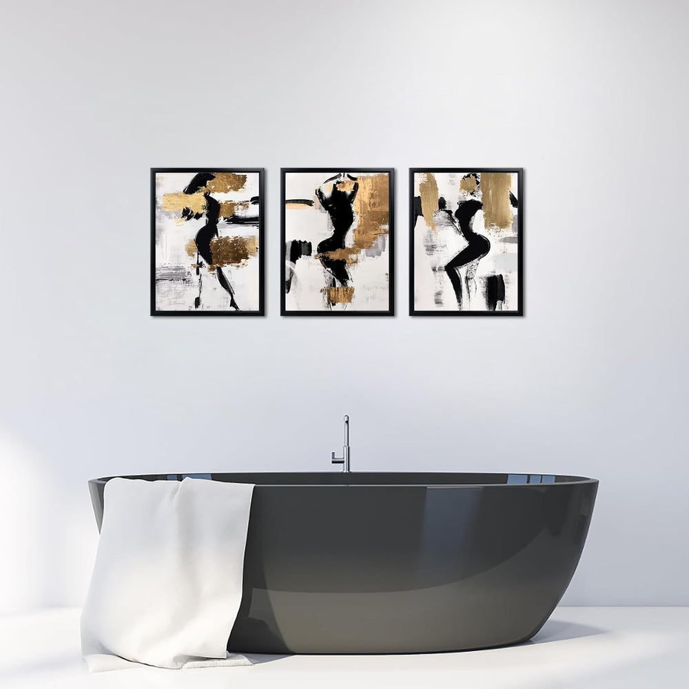 LevvArts Black and Gold Bathroom Decor Abstract Women Wall Art Set of 3 Black...