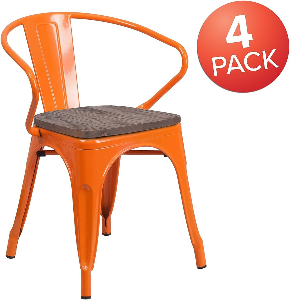 Flash Furniture Metal Chair with Wood Seat, Orange, 4-Pack