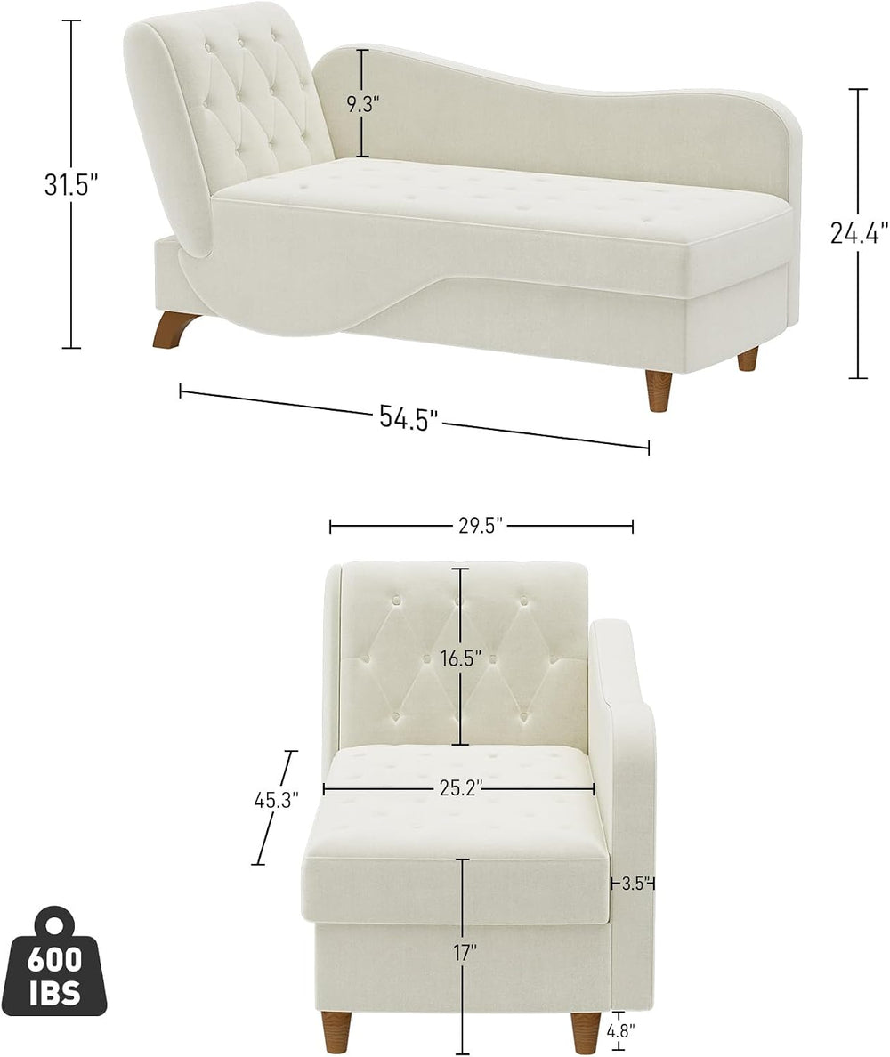 Chaise Lounge Chair Indoor with Storage,Adjustable Backrest,Beige White