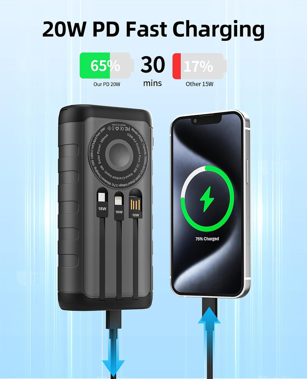 Solar Charger Power Bank 59800mAh, 6 Outputs & Hand Crank, Emergency Use