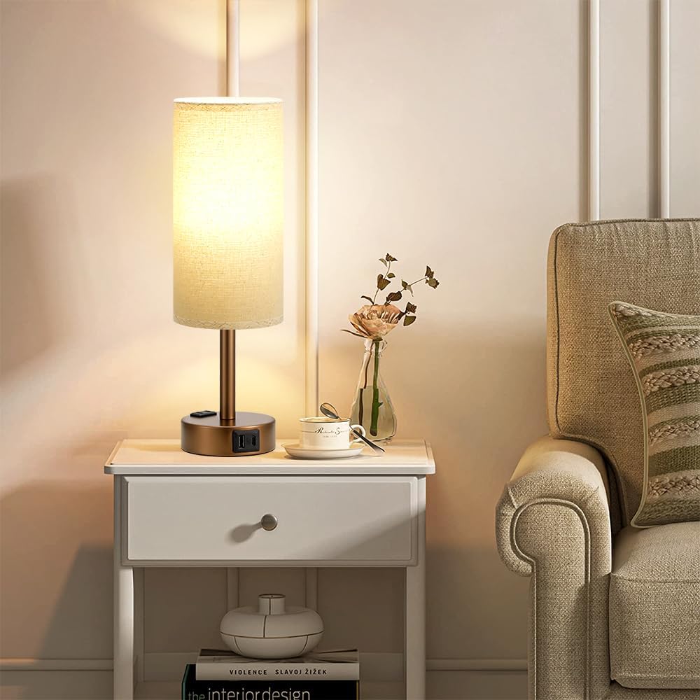 Fenmzee Brown Bedside Lamp for Bedroom, Dimmable Touch, USB A+C, AC Outlet