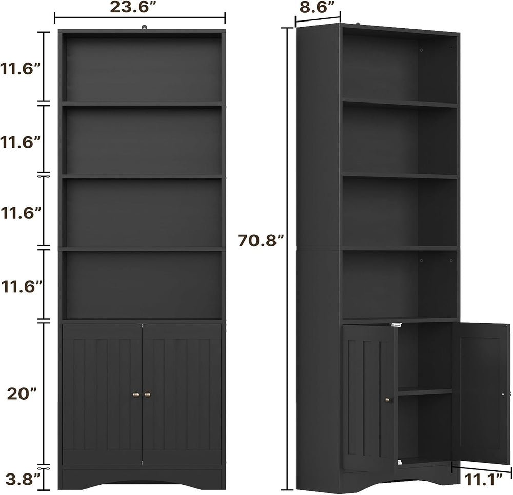 Gizoon 71’’H 6-Shelf Bookcase with Doors, Black Bookcase and Bookshelves