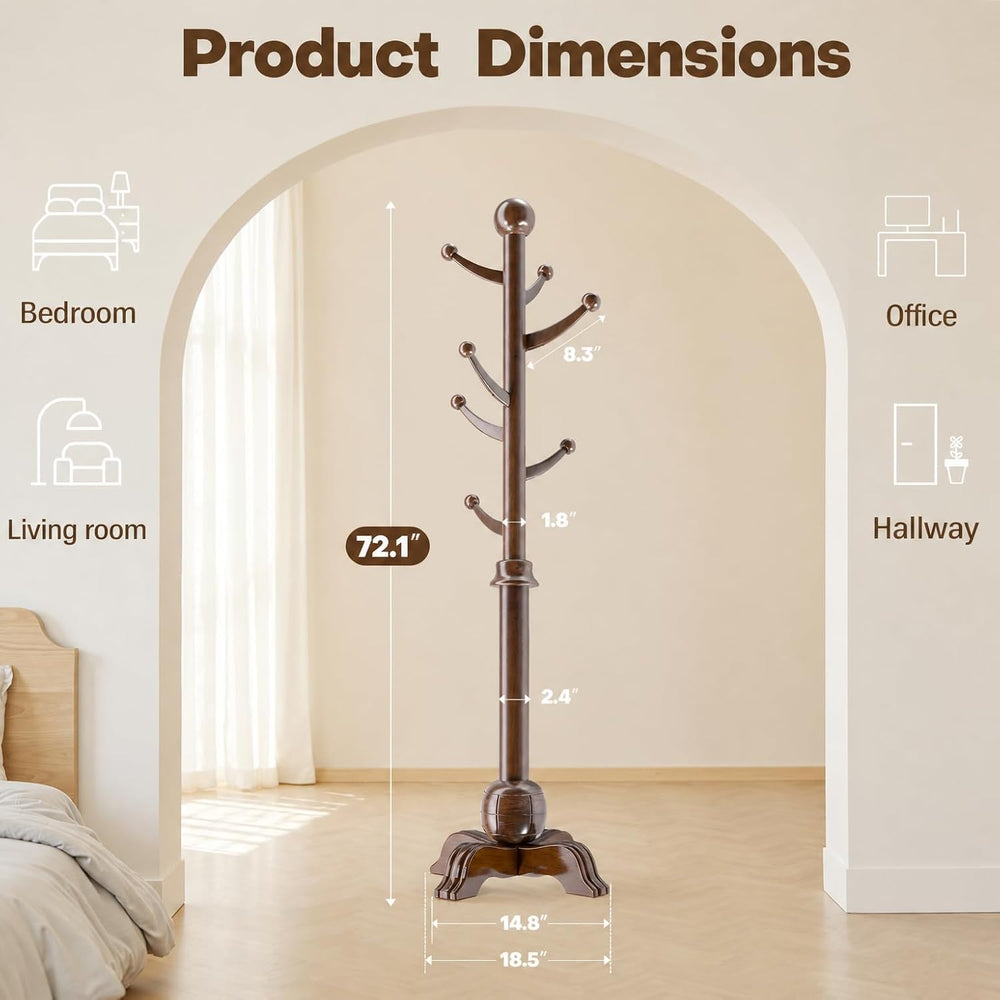 Wooden Coat Rack, 7 Hooks Freestanding Wood Coat Tree Rack with Stable Base