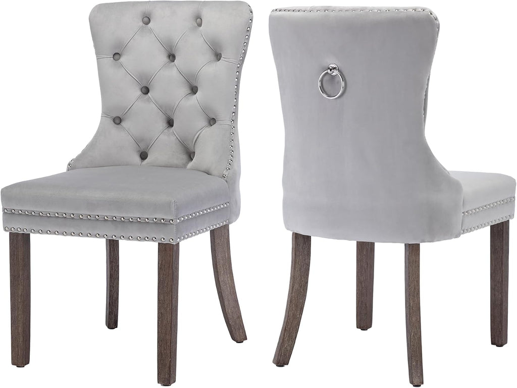 Velvet Dining Room Chairs Set of 2, Button Tufted, Wood Legs, Light Gray