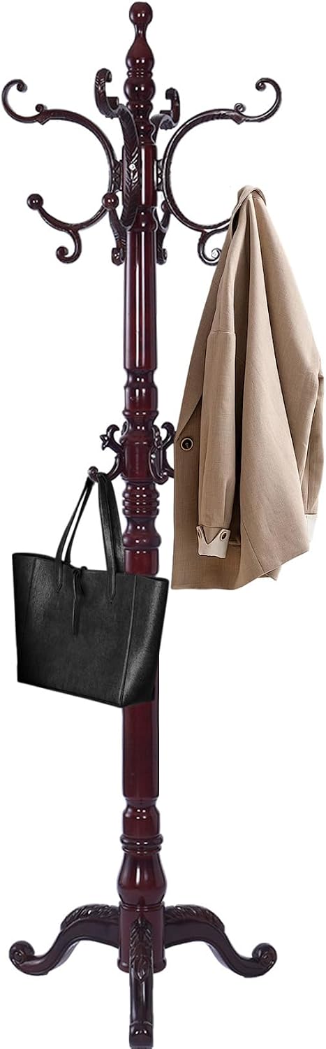 Wooden Coat Racks, Retro 78" Coat Tree with 12 Hooks & Stable Triang...
