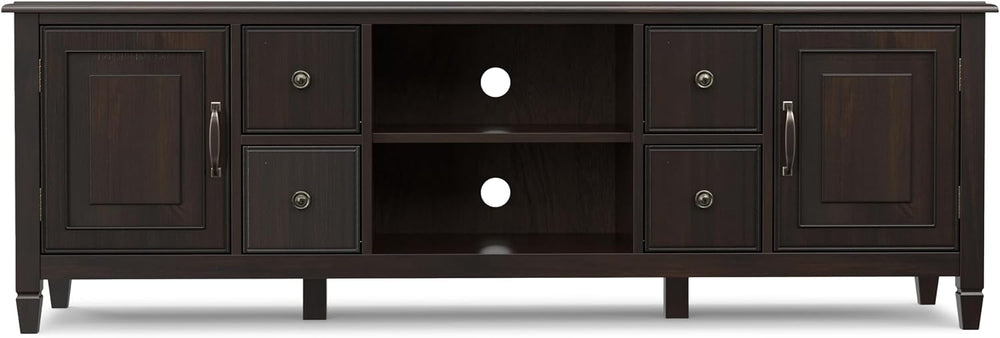 SIMPLIHOME Connaught 72" Wide Solid Wood TV Stand in Dark Chestnut Brown