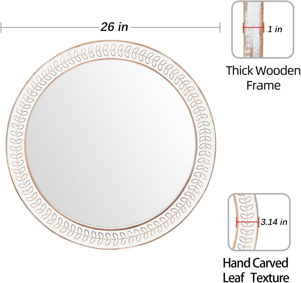 26 inch Round Mirrors for Wall Wood Circle Mirror with Carved Frame Rustic Ac...